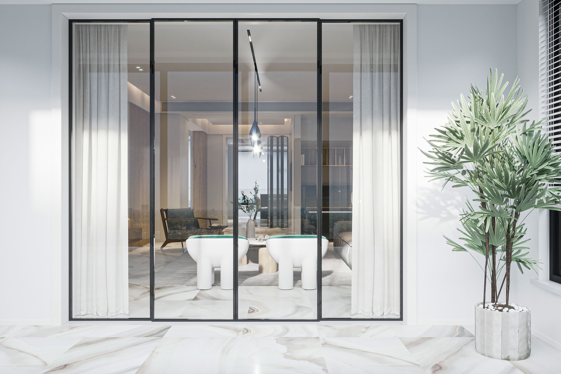 Elegant Glass Partition-Modern Living Room View with Greenery and Marble