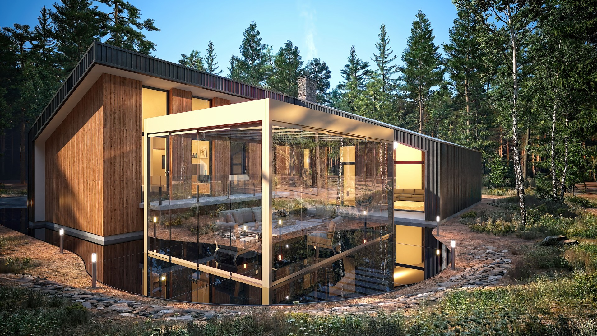 Forest Villa House and Modern Pergola Sunroom System, Outdoor Life. 3d rendering