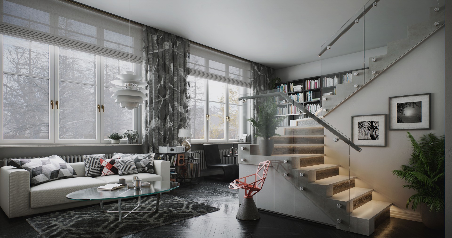 Modern Cozy Living Room with Glass Staircase