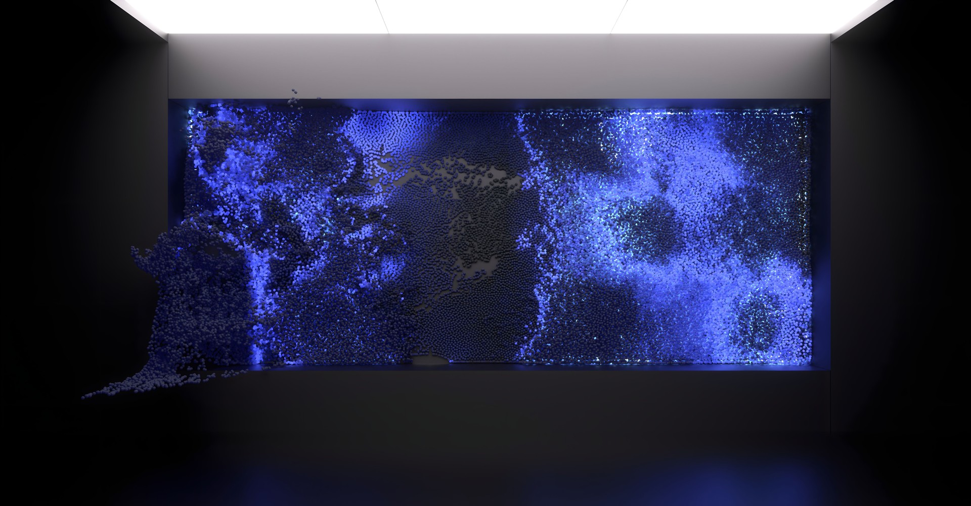 3d render of abstract art with surreal dark interior of exhibition with moving particles wall in wavy curve lines forms in neon glowing fluorescent neon blue purple color